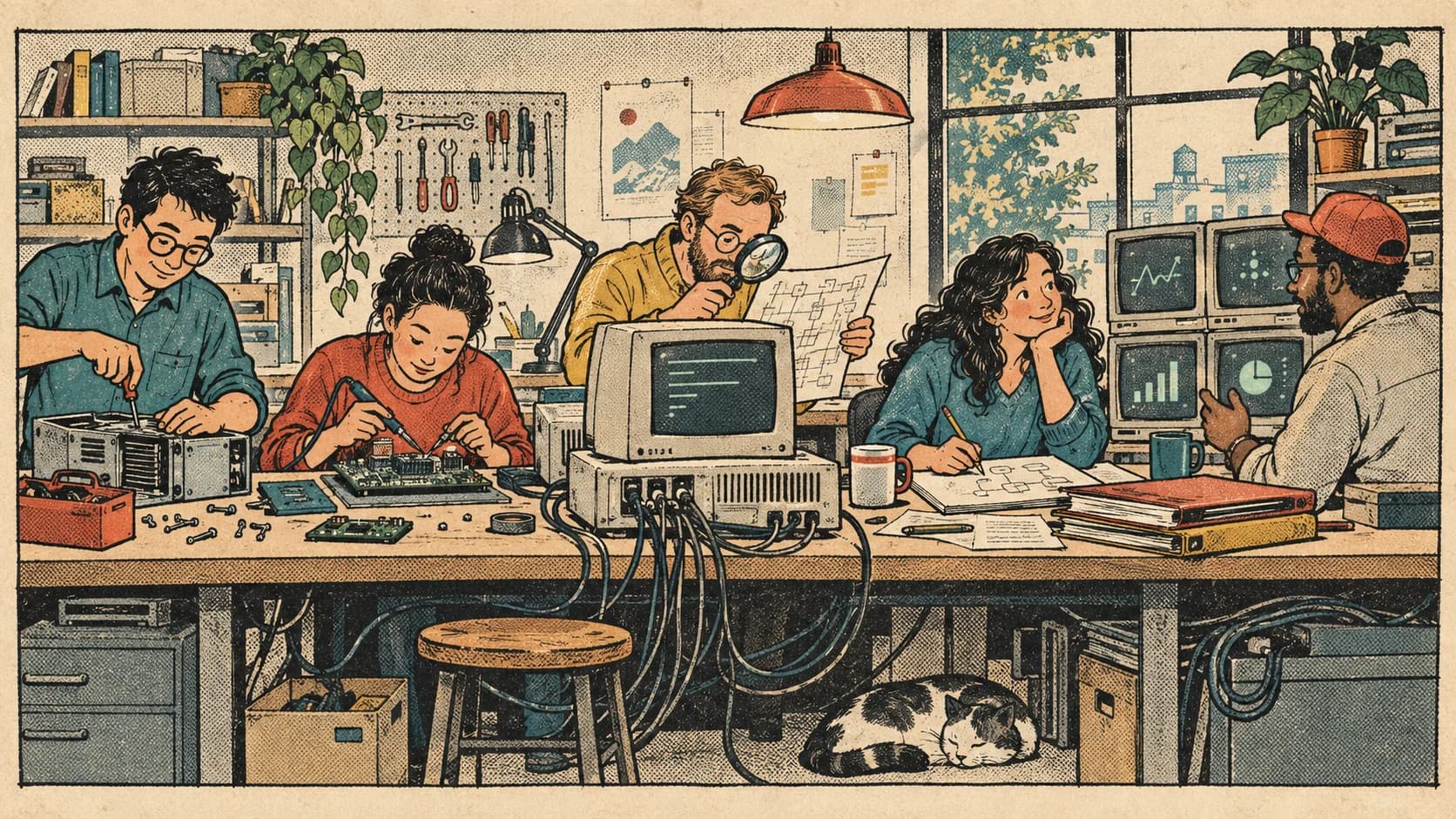 Five coworkers build, inspect, repair, plan, and operate a shared computer system in a newspaper-comic workshop.