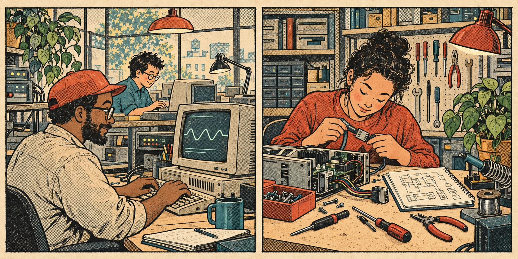 Two newspaper-comic panels: an operator restores a running system while a colleague repairs the component behind repeated failures.