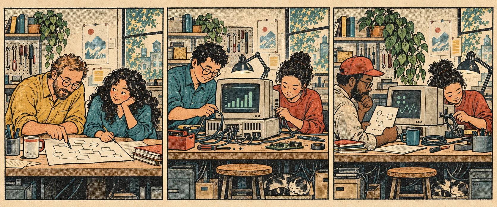 Three newspaper-comic panels follow coworkers from discussing a problem to building a tool and returning to it for ongoing care.